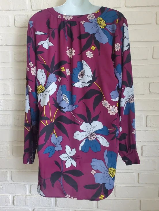 Loft Ann Taylor Flowy Tunic Blouse Long Sleeves Floral Plum Mulberry Wine Med - Picture 12 of 14